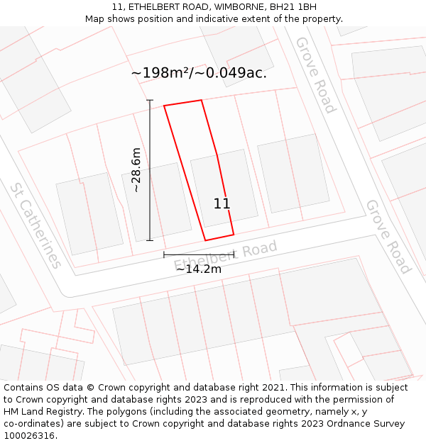 11, ETHELBERT ROAD, WIMBORNE, BH21 1BH: Plot and title map