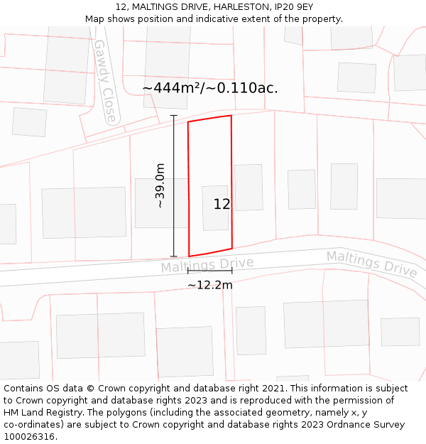 12, MALTINGS DRIVE, HARLESTON, IP20 9EY: Plot and title map