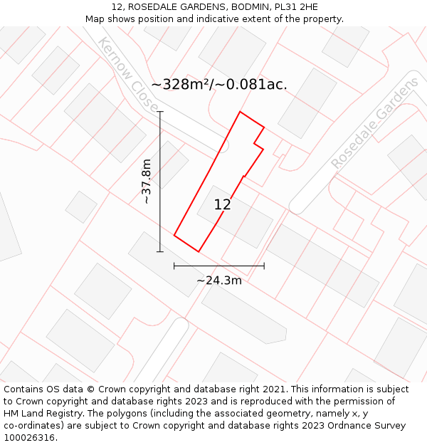 12, ROSEDALE GARDENS, BODMIN, PL31 2HE: Plot and title map