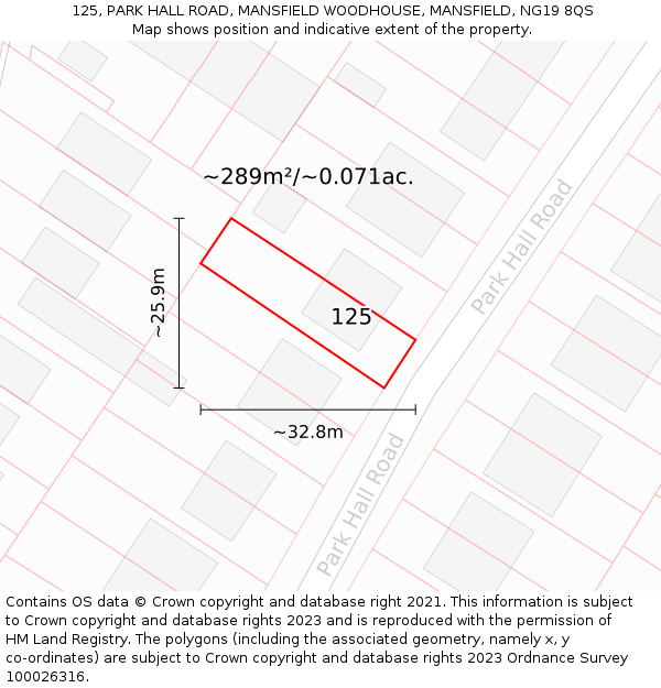 125, PARK HALL ROAD, MANSFIELD WOODHOUSE, MANSFIELD, NG19 8QS: Plot and title map