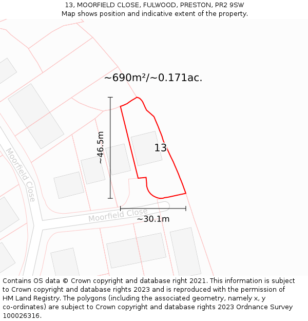 13, MOORFIELD CLOSE, FULWOOD, PRESTON, PR2 9SW: Plot and title map