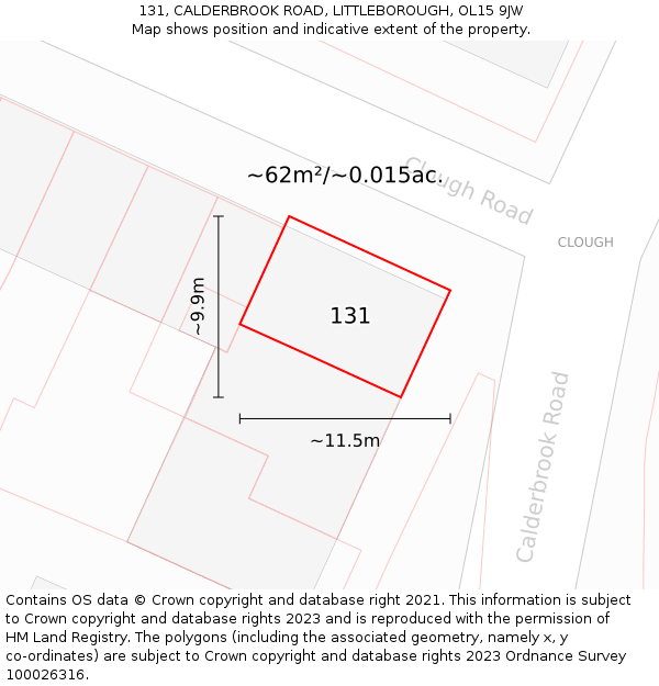 131, CALDERBROOK ROAD, LITTLEBOROUGH, OL15 9JW: Plot and title map