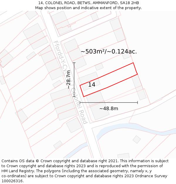 14, COLONEL ROAD, BETWS, AMMANFORD, SA18 2HB: Plot and title map