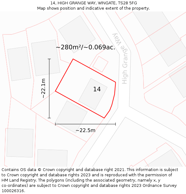 14, HIGH GRANGE WAY, WINGATE, TS28 5FG: Plot and title map
