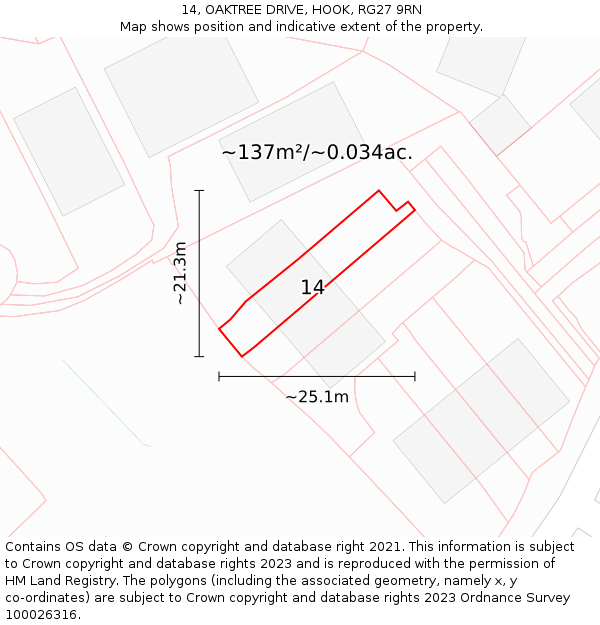 14, OAKTREE DRIVE, HOOK, RG27 9RN: Plot and title map