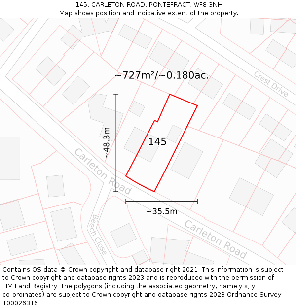 145, CARLETON ROAD, PONTEFRACT, WF8 3NH: Plot and title map