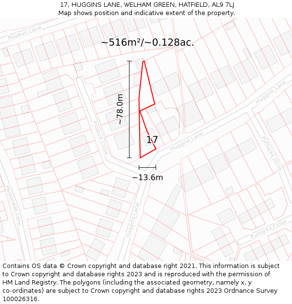 17, HUGGINS LANE, WELHAM GREEN, HATFIELD, AL9 7LJ: Plot and title map