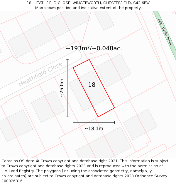 18, HEATHFIELD CLOSE, WINGERWORTH, CHESTERFIELD, S42 6RW: Plot and title map