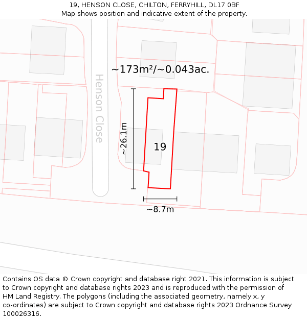 19, HENSON CLOSE, CHILTON, FERRYHILL, DL17 0BF: Plot and title map