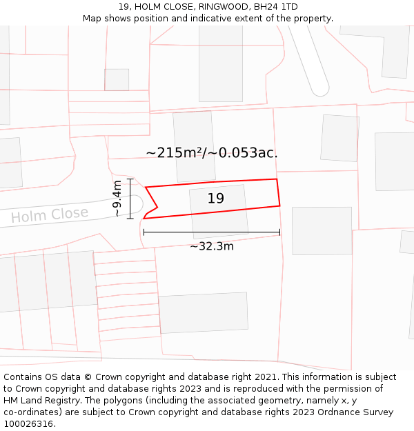 19, HOLM CLOSE, RINGWOOD, BH24 1TD: Plot and title map