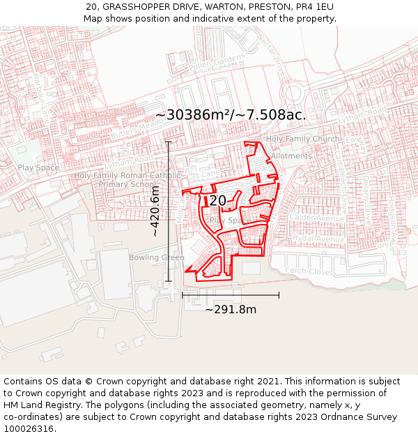 20, GRASSHOPPER DRIVE, WARTON, PRESTON, PR4 1EU: Plot and title map