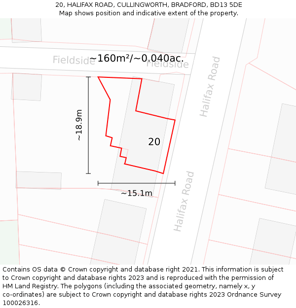 20, HALIFAX ROAD, CULLINGWORTH, BRADFORD, BD13 5DE: Plot and title map