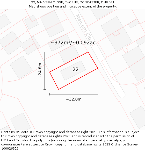 22, MALVERN CLOSE, THORNE, DONCASTER, DN8 5RT: Plot and title map