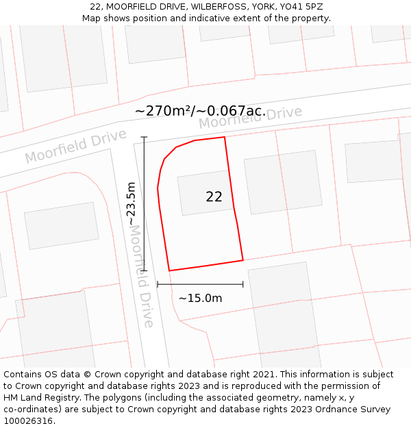 22, MOORFIELD DRIVE, WILBERFOSS, YORK, YO41 5PZ: Plot and title map