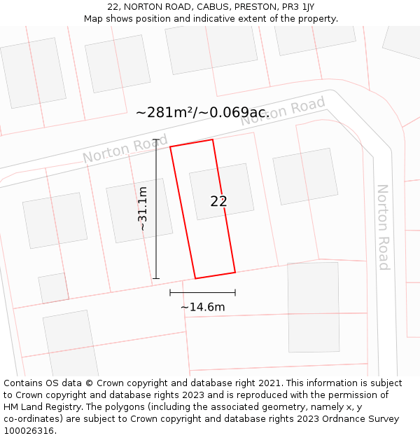 22, NORTON ROAD, CABUS, PRESTON, PR3 1JY: Plot and title map