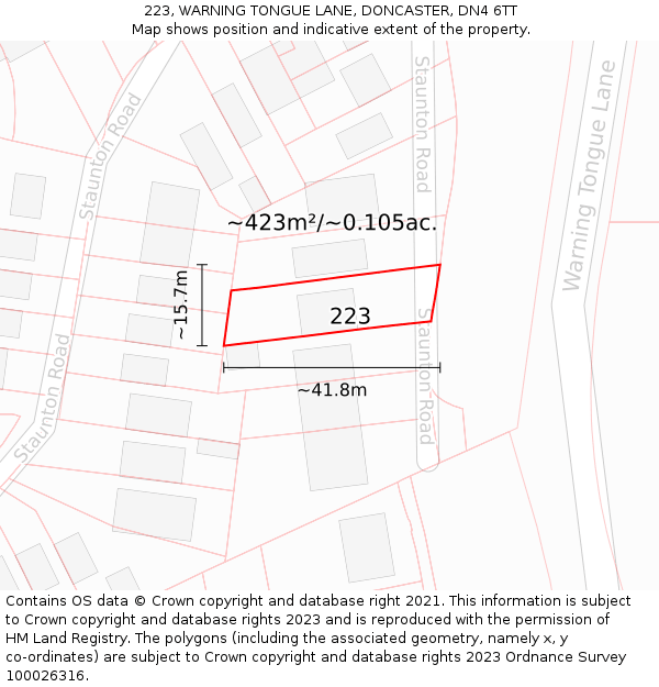 223, WARNING TONGUE LANE, DONCASTER, DN4 6TT: Plot and title map