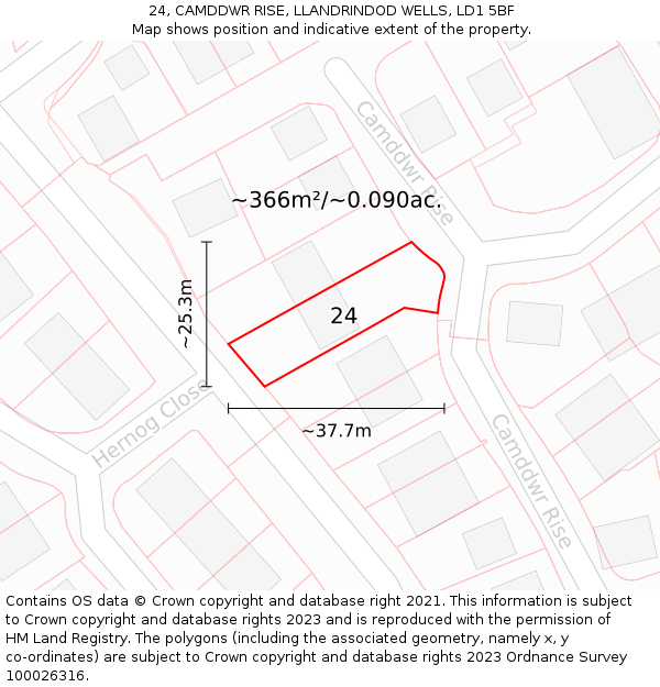24, CAMDDWR RISE, LLANDRINDOD WELLS, LD1 5BF: Plot and title map