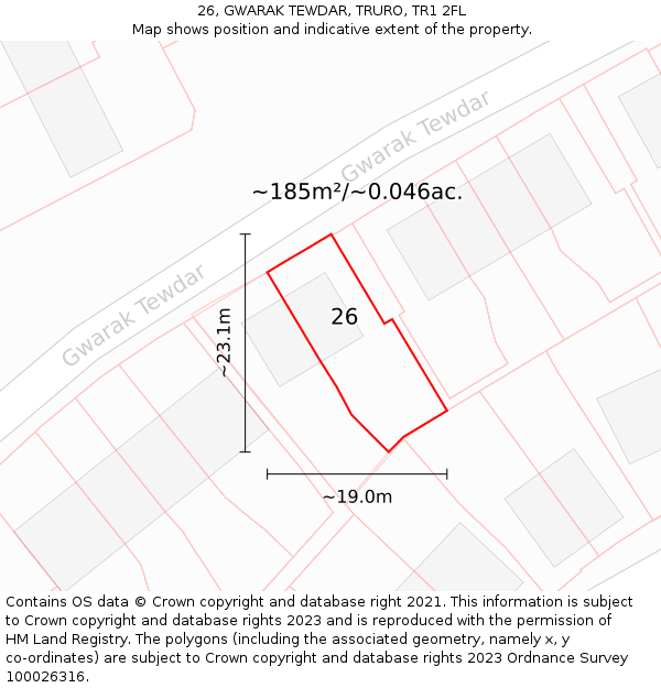 26, GWARAK TEWDAR, TRURO, TR1 2FL: Plot and title map