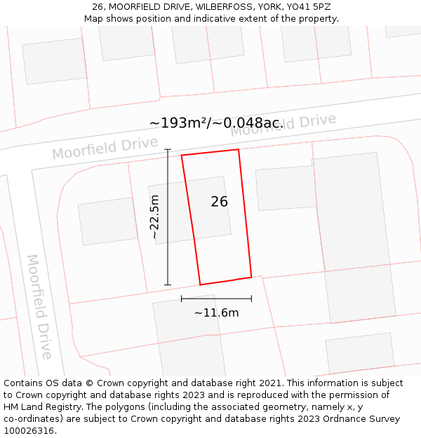 26, MOORFIELD DRIVE, WILBERFOSS, YORK, YO41 5PZ: Plot and title map