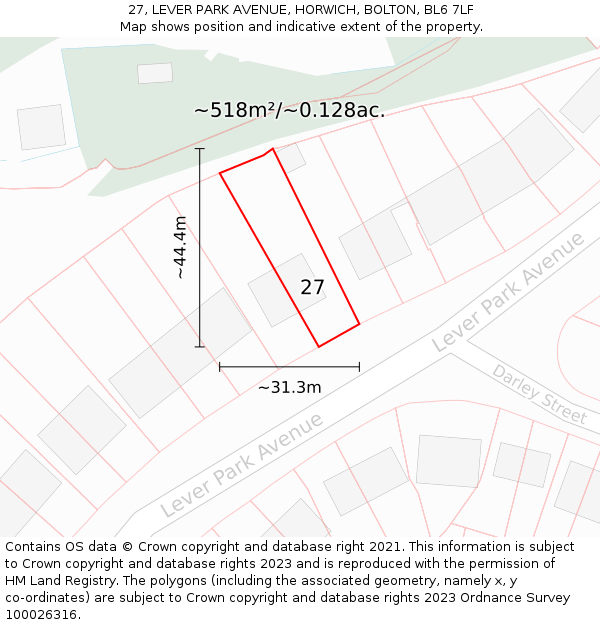 27, LEVER PARK AVENUE, HORWICH, BOLTON, BL6 7LF: Plot and title map