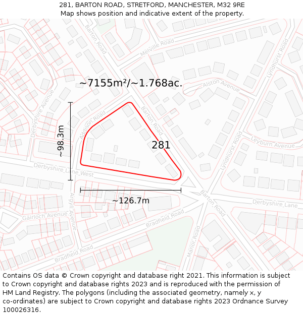 281, BARTON ROAD, STRETFORD, MANCHESTER, M32 9RE: Plot and title map