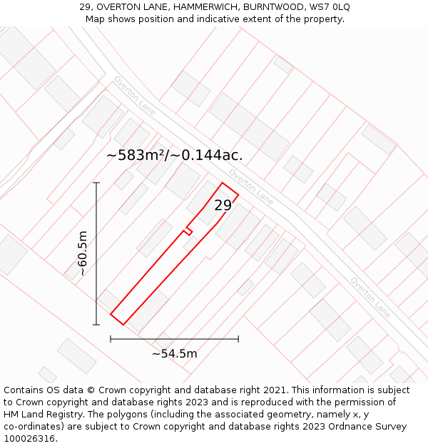 29, OVERTON LANE, HAMMERWICH, BURNTWOOD, WS7 0LQ: Plot and title map