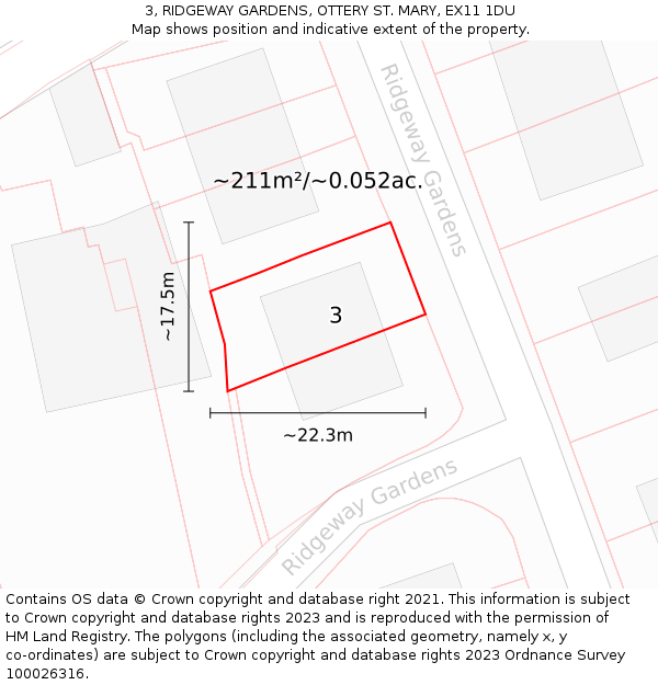 3, RIDGEWAY GARDENS, OTTERY ST. MARY, EX11 1DU: Plot and title map
