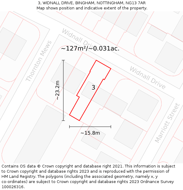 3, WIDNALL DRIVE, BINGHAM, NOTTINGHAM, NG13 7AR: Plot and title map