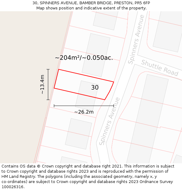30, SPINNERS AVENUE, BAMBER BRIDGE, PRESTON, PR5 6FP: Plot and title map