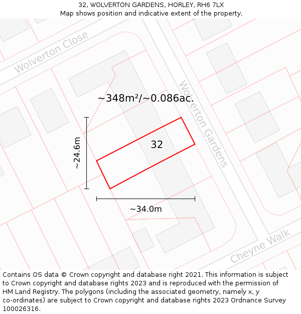 32, WOLVERTON GARDENS, HORLEY, RH6 7LX: Plot and title map