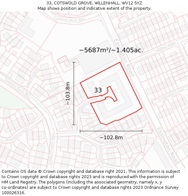 33, COTSWOLD GROVE, WILLENHALL, WV12 5YZ: Plot and title map