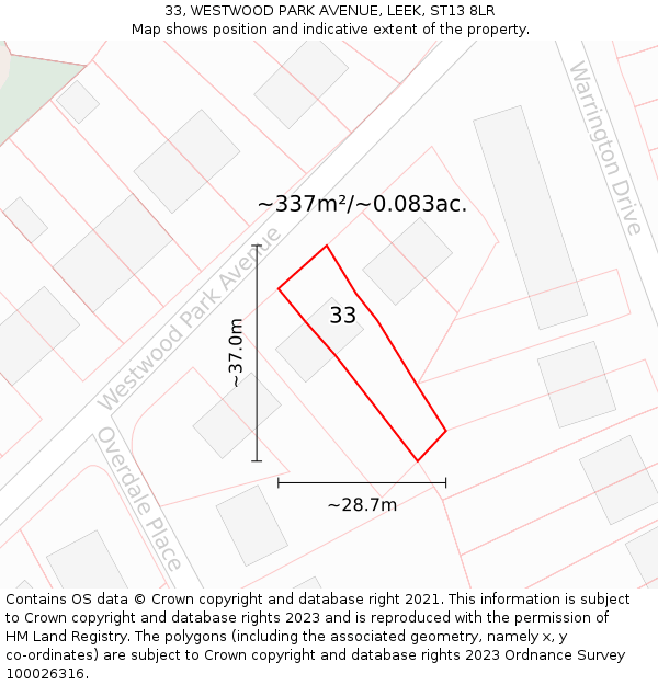33, WESTWOOD PARK AVENUE, LEEK, ST13 8LR: Plot and title map