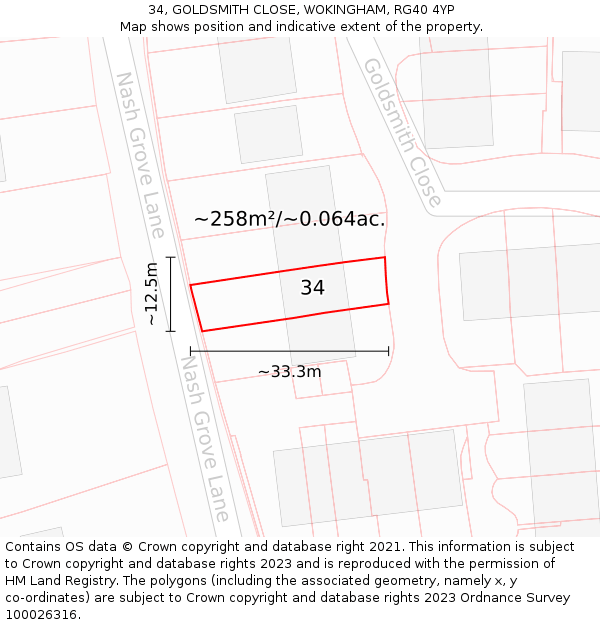 34, GOLDSMITH CLOSE, WOKINGHAM, RG40 4YP: Plot and title map