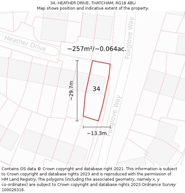 34, HEATHER DRIVE, THATCHAM, RG18 4BU: Plot and title map