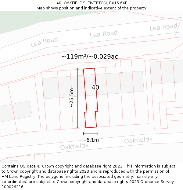 40, OAKFIELDS, TIVERTON, EX16 6XF: Plot and title map