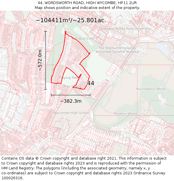 44, WORDSWORTH ROAD, HIGH WYCOMBE, HP11 2UR: Plot and title map