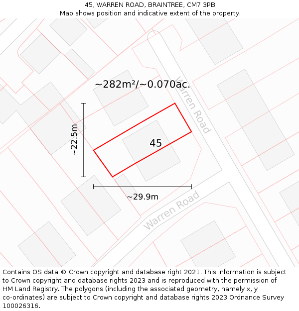 45, WARREN ROAD, BRAINTREE, CM7 3PB: Plot and title map
