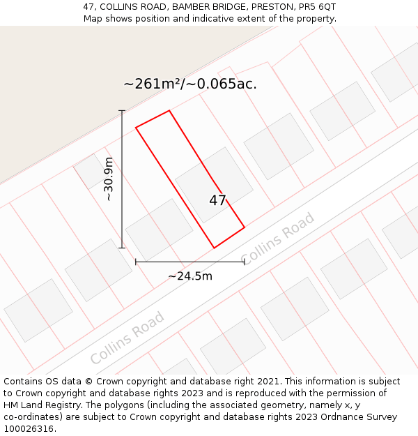 47, COLLINS ROAD, BAMBER BRIDGE, PRESTON, PR5 6QT: Plot and title map