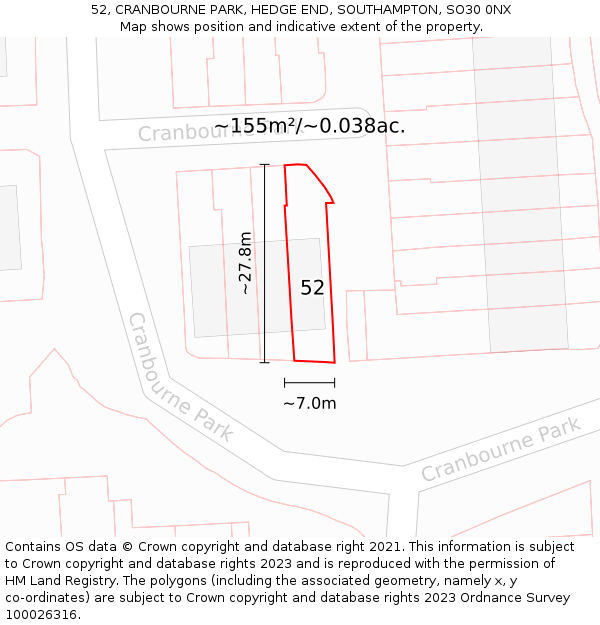 52, CRANBOURNE PARK, HEDGE END, SOUTHAMPTON, SO30 0NX: Plot and title map
