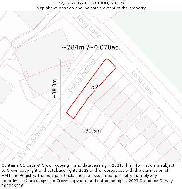 52, LONG LANE, LONDON, N3 2PX: Plot and title map