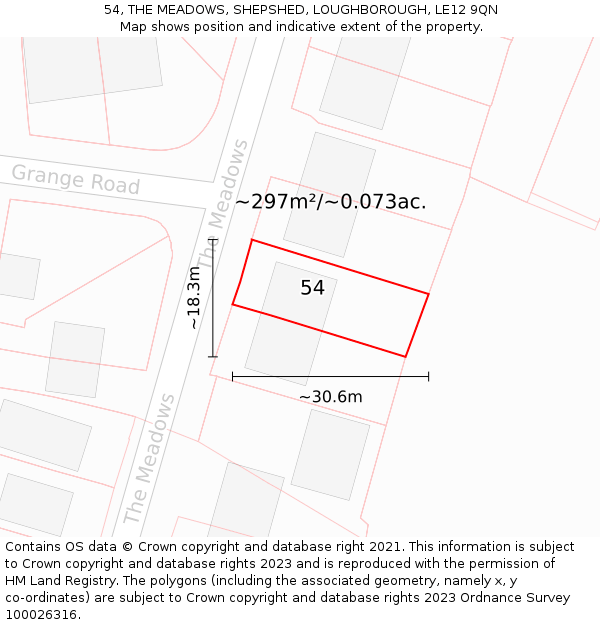 54, THE MEADOWS, SHEPSHED, LOUGHBOROUGH, LE12 9QN: Plot and title map