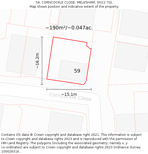 59, CORNCOCKLE CLOSE, MELKSHAM, SN12 7GL: Plot and title map