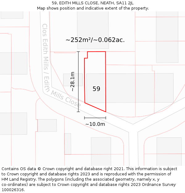 59, EDITH MILLS CLOSE, NEATH, SA11 2JL: Plot and title map