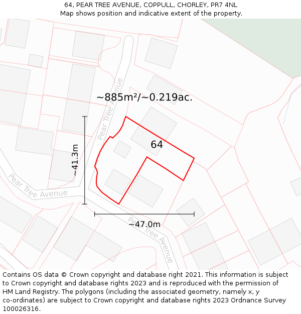 64, PEAR TREE AVENUE, COPPULL, CHORLEY, PR7 4NL: Plot and title map