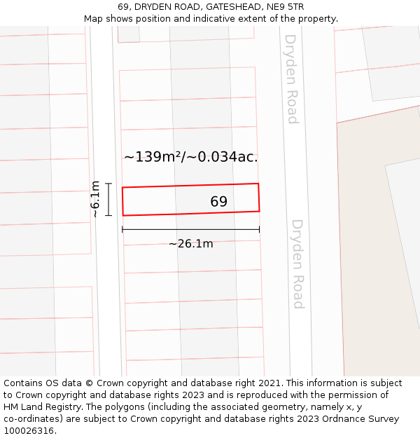69, DRYDEN ROAD, GATESHEAD, NE9 5TR: Plot and title map