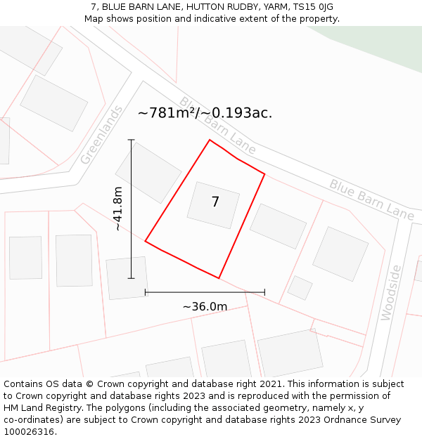 7, BLUE BARN LANE, HUTTON RUDBY, YARM, TS15 0JG: Plot and title map