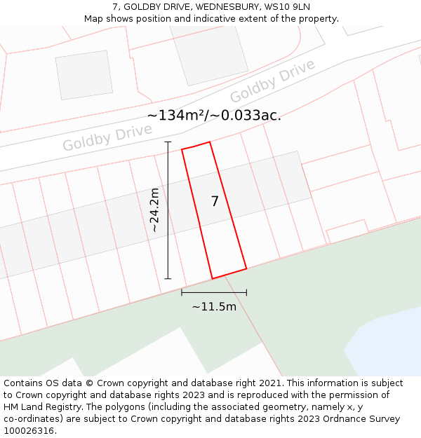 7, GOLDBY DRIVE, WEDNESBURY, WS10 9LN: Plot and title map