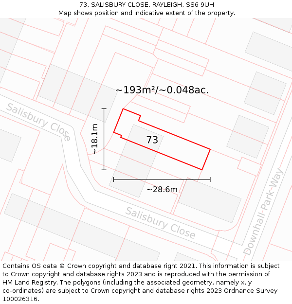73, SALISBURY CLOSE, RAYLEIGH, SS6 9UH: Plot and title map