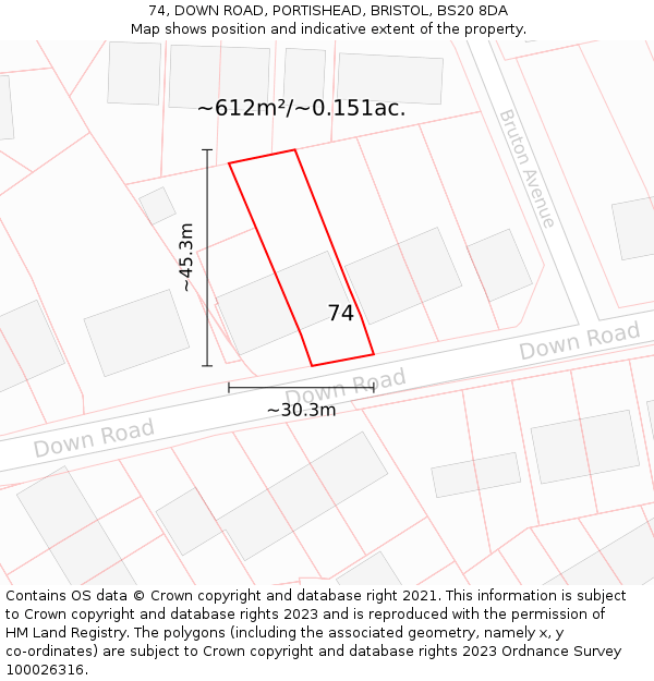 74, DOWN ROAD, PORTISHEAD, BRISTOL, BS20 8DA: Plot and title map