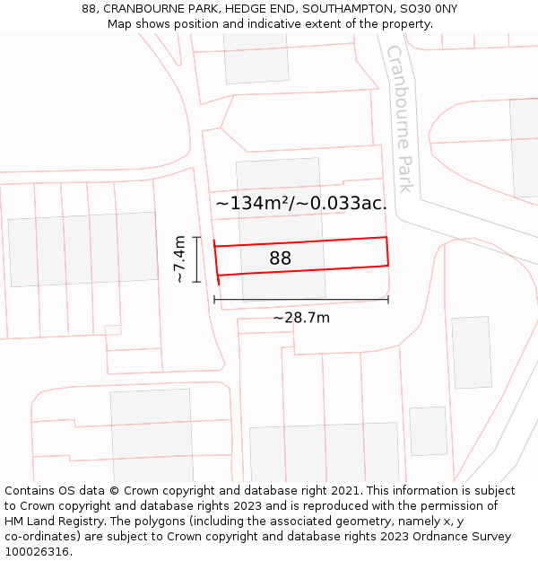 88, CRANBOURNE PARK, HEDGE END, SOUTHAMPTON, SO30 0NY: Plot and title map